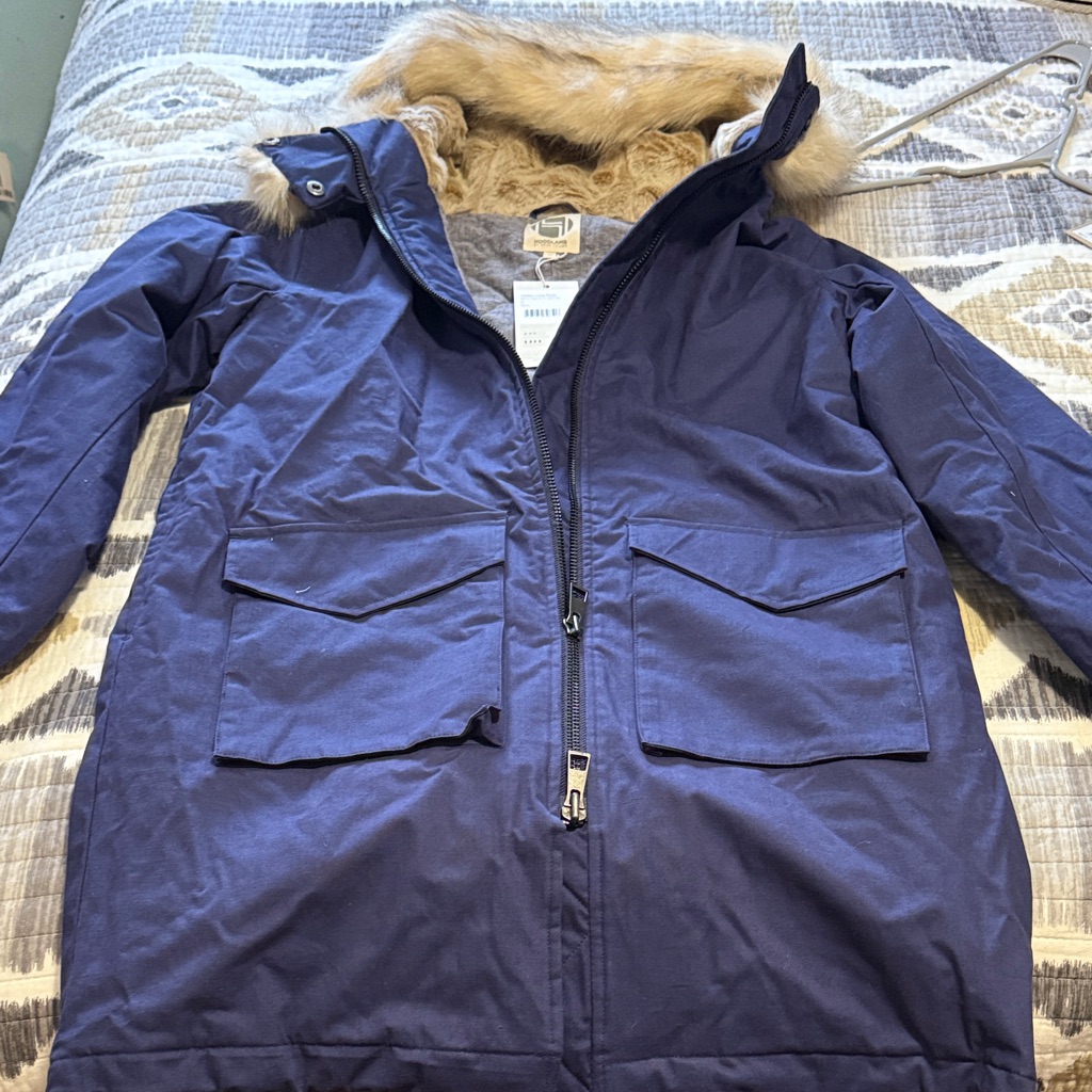 Long Navy Parka With Faux Fur Hood Women’s Medium
